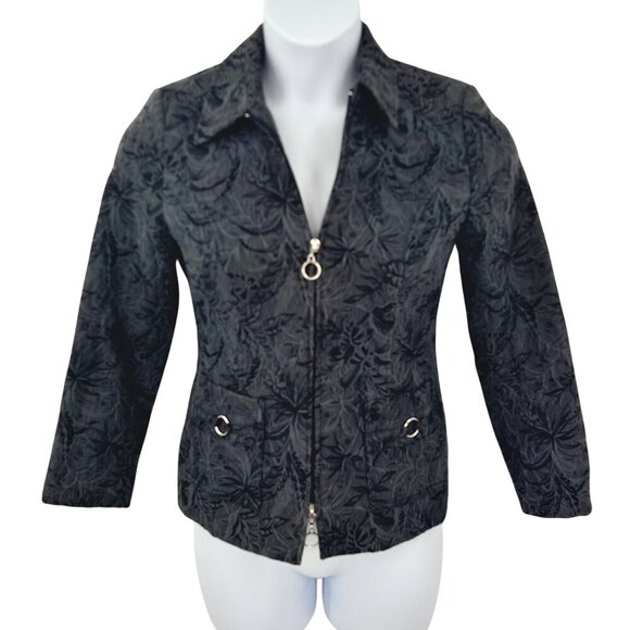 TRIBAL BLACK FLORAL TEXTURED ZIP-UP BLAZER JACKET - 4 - Picture 1 of 6